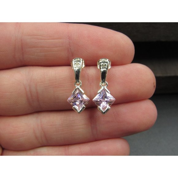 Sterling Silver Pink Well Cut CZ And Diamond Chip Earrings Vintage Wedding - Picture 1 of 6